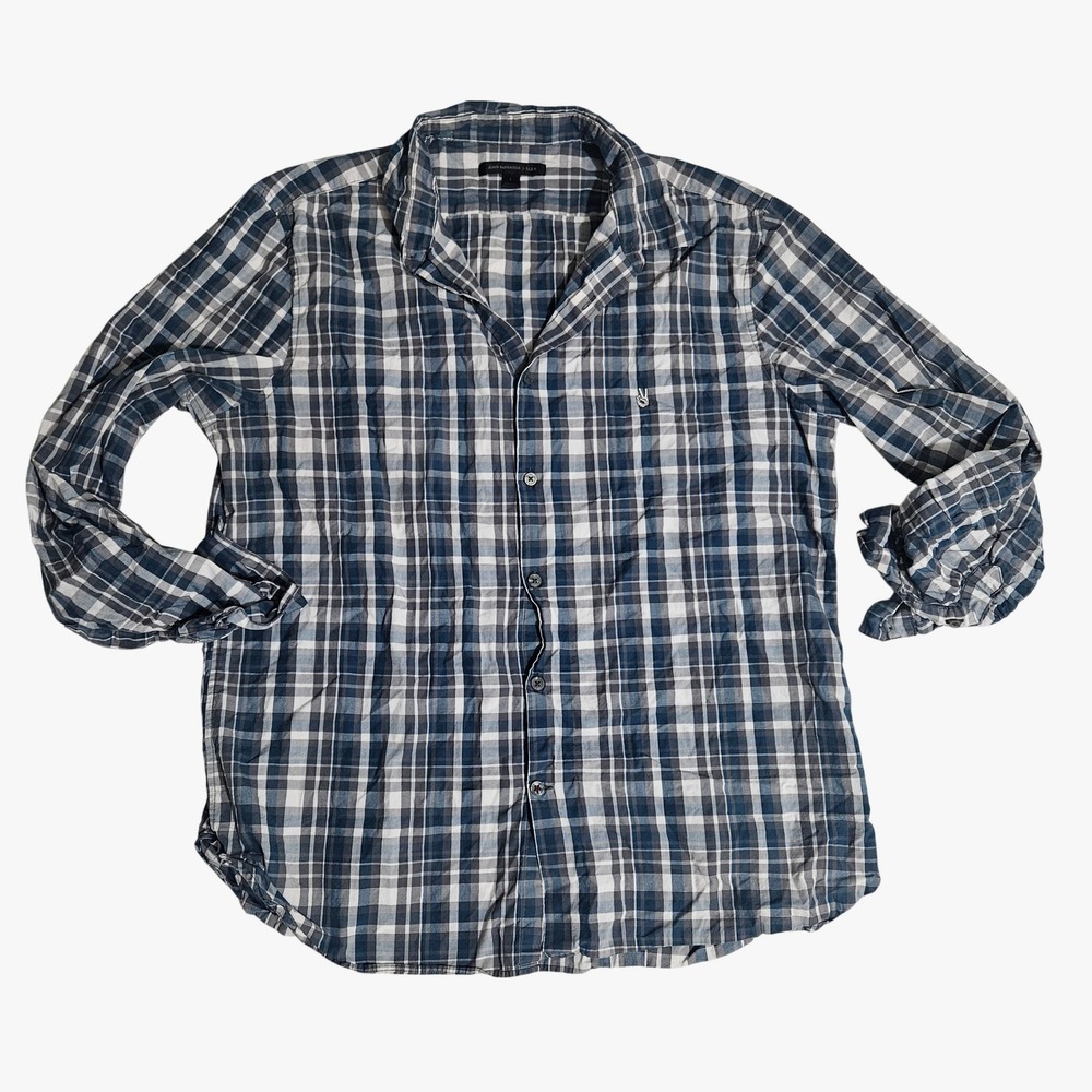 John Varvatos Star USA Mens Large Blue Grey Plaid Long Sleeve Button Down Shirt